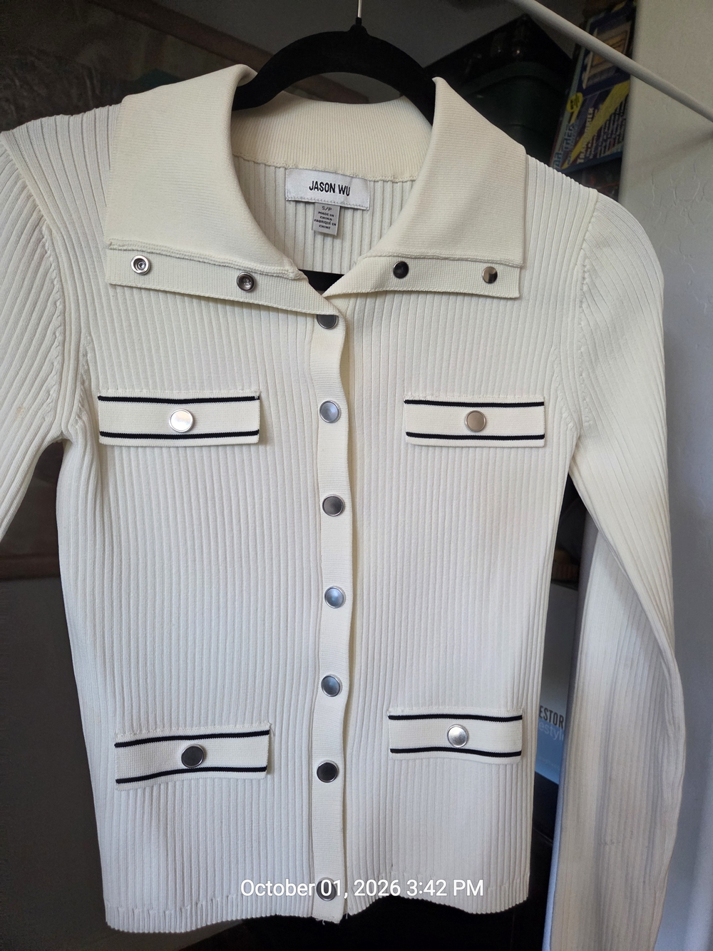 Jason Wu Cream Knitted Ribbed Button-Front Jacket - Picture 3 of 5